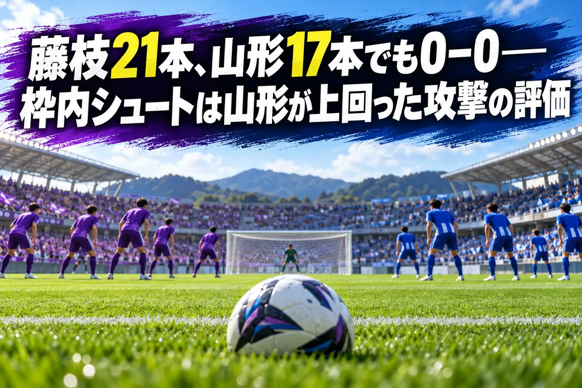 サッカー場で紫と青のユニフォームの両チームが対峙する試合分析用イラスト。
