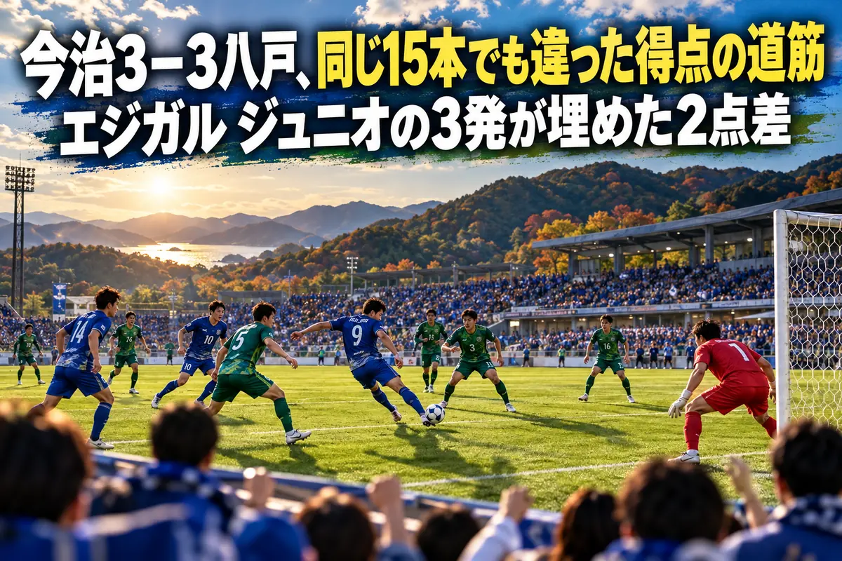 緑の丘に囲まれたサッカー場で青と緑のユニフォームの選手が競り合うイメージ。