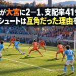 鳥栖が大宮に2―1、支配率41%でも枠内シュートは互角だった理由を読む 水色とオレンジのユニフォームの選手が競り合うサッカーの試合イメージ。
