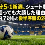 大分5-1新潟、シュート数で下回っても大勝した理由は?枠内7対6と後半序盤の2得点 ドーム型サッカースタジアムの芝生に置かれたサッカーボール。