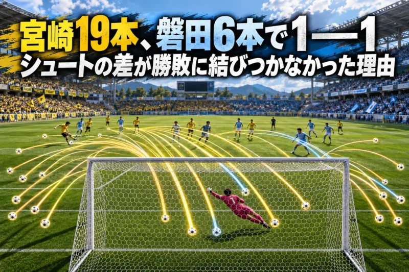 ゴールへ向かう複数のシュート軌道で試合の攻撃を表現したサッカー場のイメージ。