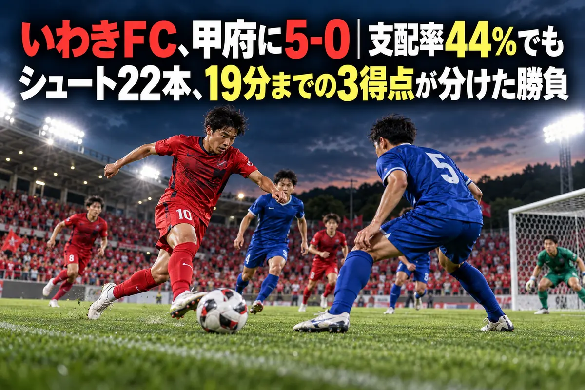 赤いユニフォームの選手が青いユニフォームの守備陣に攻め込むサッカーのイメージ