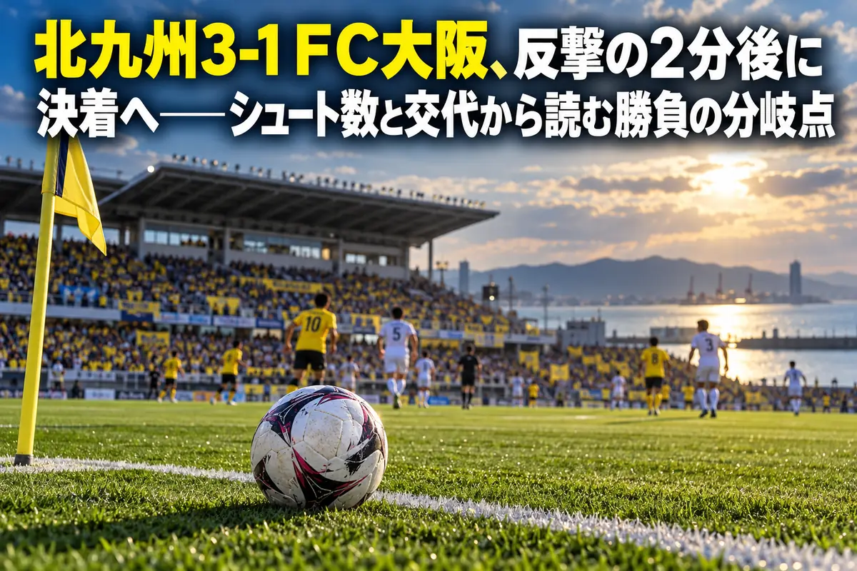 黄色と青のスタンドを背景に、サッカー場のコーナー付近に置かれたボール。