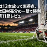 金沢は13本放って無得点、奈良は田村亮介の一撃で勝利|J3第11節レビュー サッカーゴールのネット際に収まったボールと芝のピッチ。