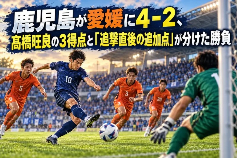 青いユニフォームの選手とオレンジ色の守備陣がゴール前で競り合うサッカーのイメージ。