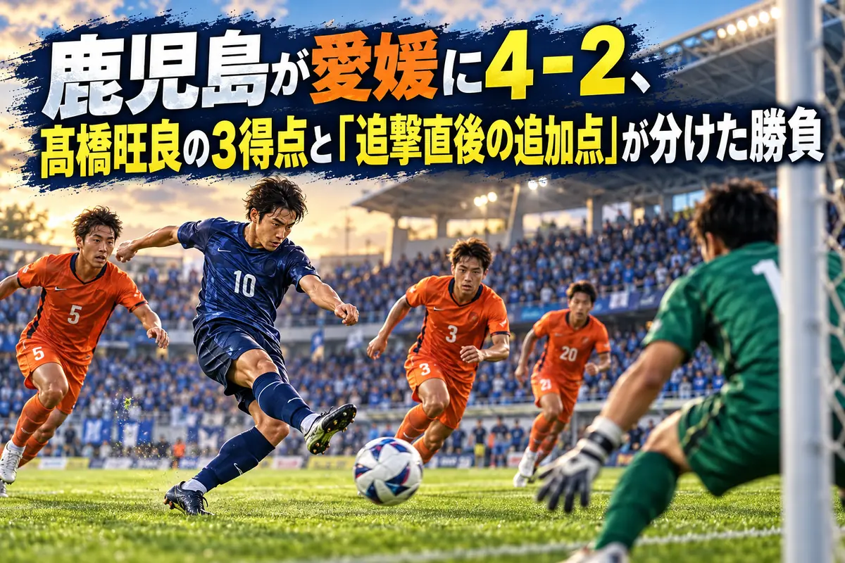 青いユニフォームの選手とオレンジ色の守備陣がゴール前で競り合うサッカーのイメージ。