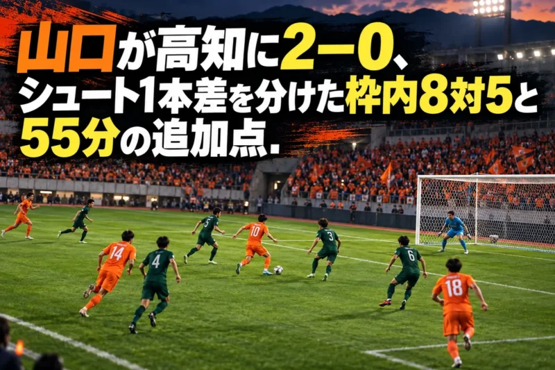 オレンジと緑のユニフォームの選手が対峙するサッカースタジアムのイメージ。