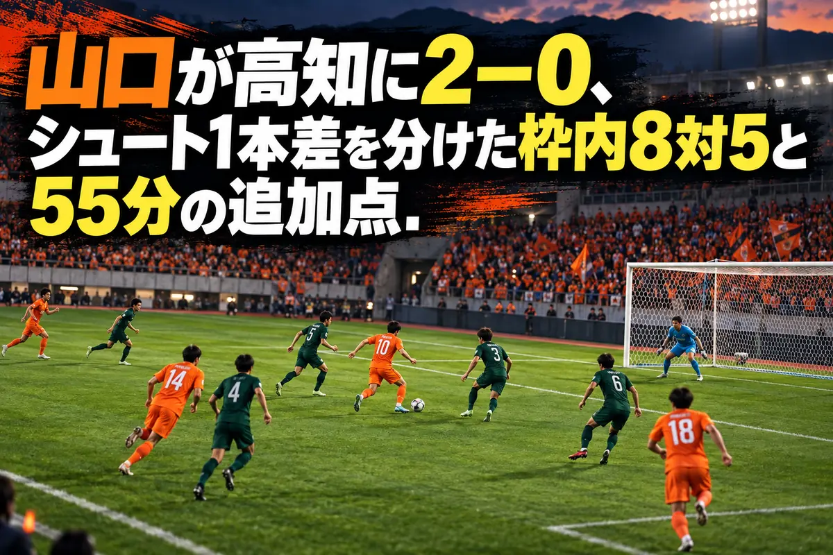 オレンジと緑のユニフォームの選手が対峙するサッカースタジアムのイメージ。