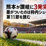 熊本が讃岐に3発完封、差がついたのは枠内シュート――第11節を読む サッカーのゴール前に置かれたボールとスタジアムの風景。