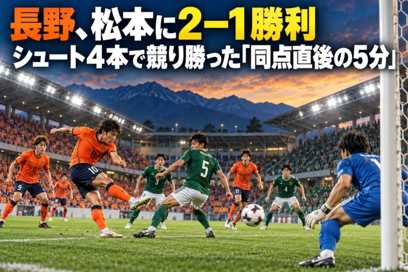 オレンジと緑のユニフォームの選手がゴール前で競うサッカーのイメージ。