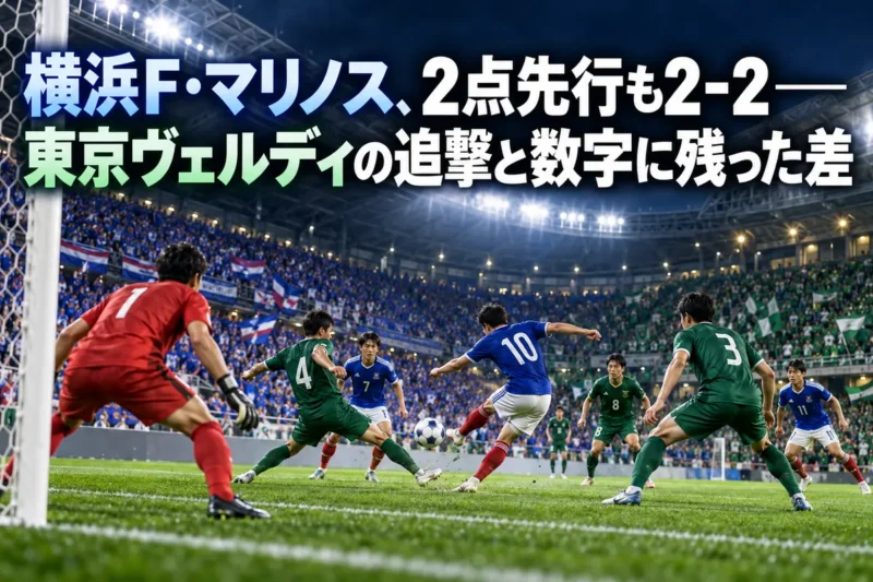 夜のスタジアムで青と緑のユニフォームの選手が競り合うサッカーのイメージ。
