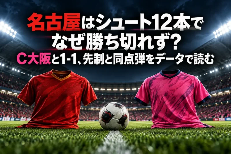 ピッチ上のボールを挟んで名古屋の赤とC大阪のピンクを配した試合分析イメージ。