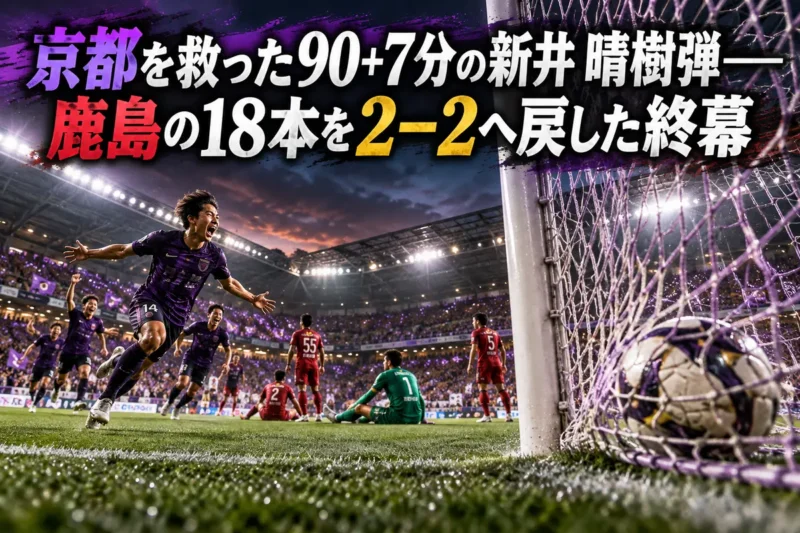 紫と深紅のチームカラーを背景に、終盤の同点ゴールを表現したサッカー場のイラスト。