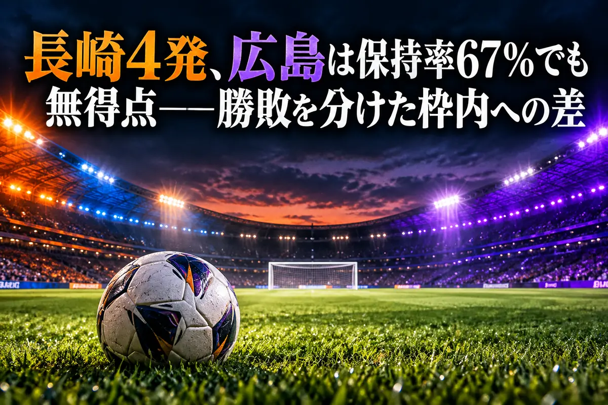 オレンジと青、紫の配色を背景にゴールとボールを描いたサッカー場のイメージ。