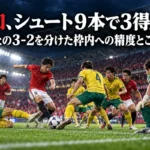 赤と黄色のユニフォームの選手がゴール前のこぼれ球を競うサッカーのイメージ。