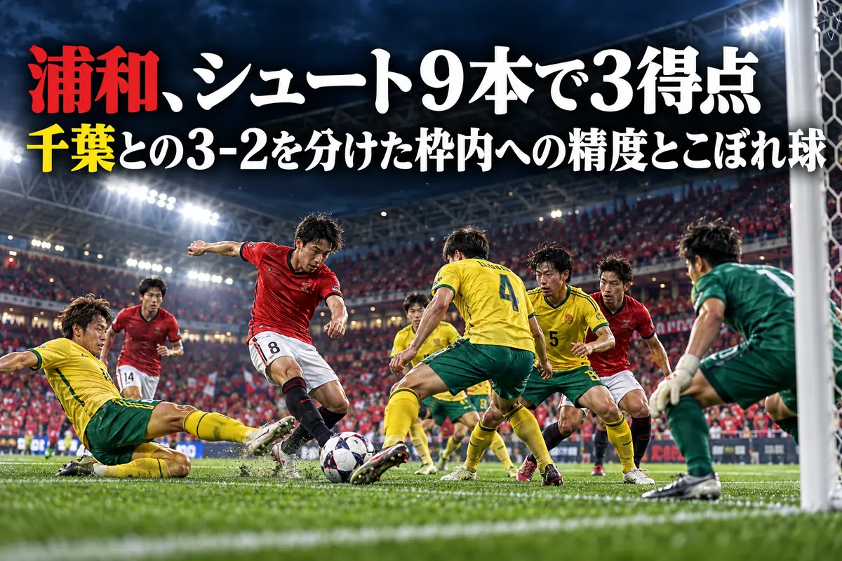 赤と黄色のユニフォームの選手がゴール前のこぼれ球を競うサッカーのイメージ。
