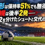 山形は保持率51%でも無得点、札幌は後半2発――0-2を分けたシュートと交代の記録 秋のサッカースタジアムとピッチ上のボールを描いた試合レビューのイメージ。