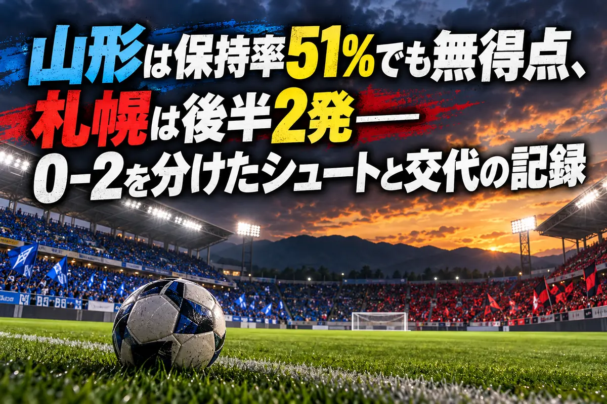 秋のサッカースタジアムとピッチ上のボールを描いた試合レビューのイメージ。