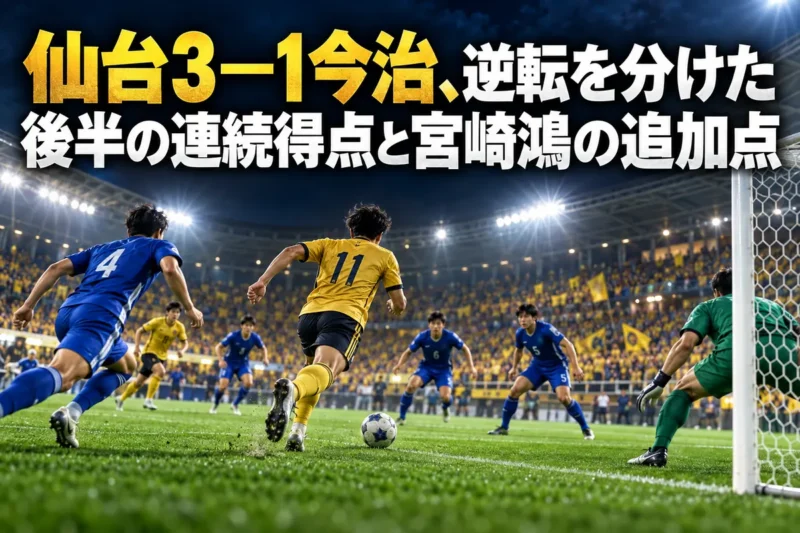 照明に照らされたサッカー場でゴールへ向かう選手を描いたイラスト。