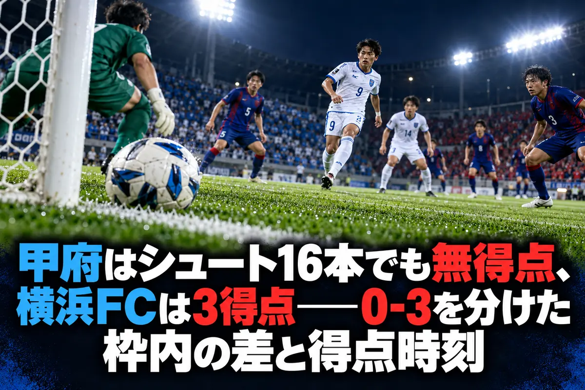 夜のサッカースタジアムでゴール前のボールと選手を描いたイメージ。