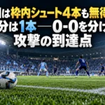 磐田は枠内シュート4本も無得点、大分は1本――0-0を分けた攻撃の到達点 夜のサッカースタジアムで水色と青の選手が対峙するイメージ。