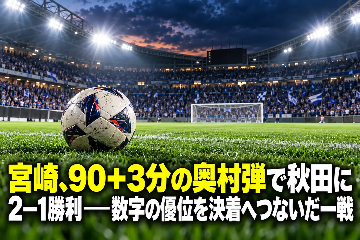 終盤の緊張感を表現したサッカースタジアムとピッチ上のボールのイラスト。