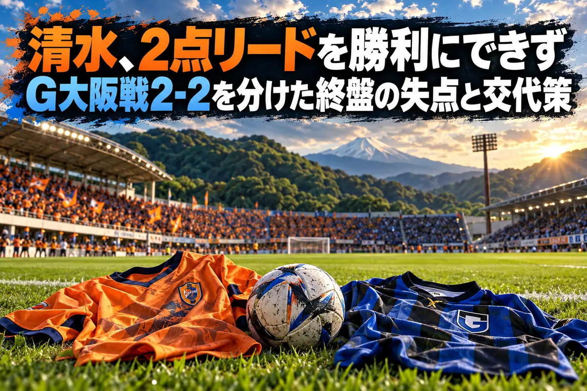 緑の丘に囲まれたサッカー場を背景に並ぶオレンジと青のユニフォーム。