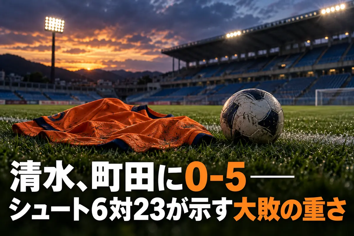 ピッチ脇のオレンジ色のユニフォームとサッカーボールを描いたイメージ。